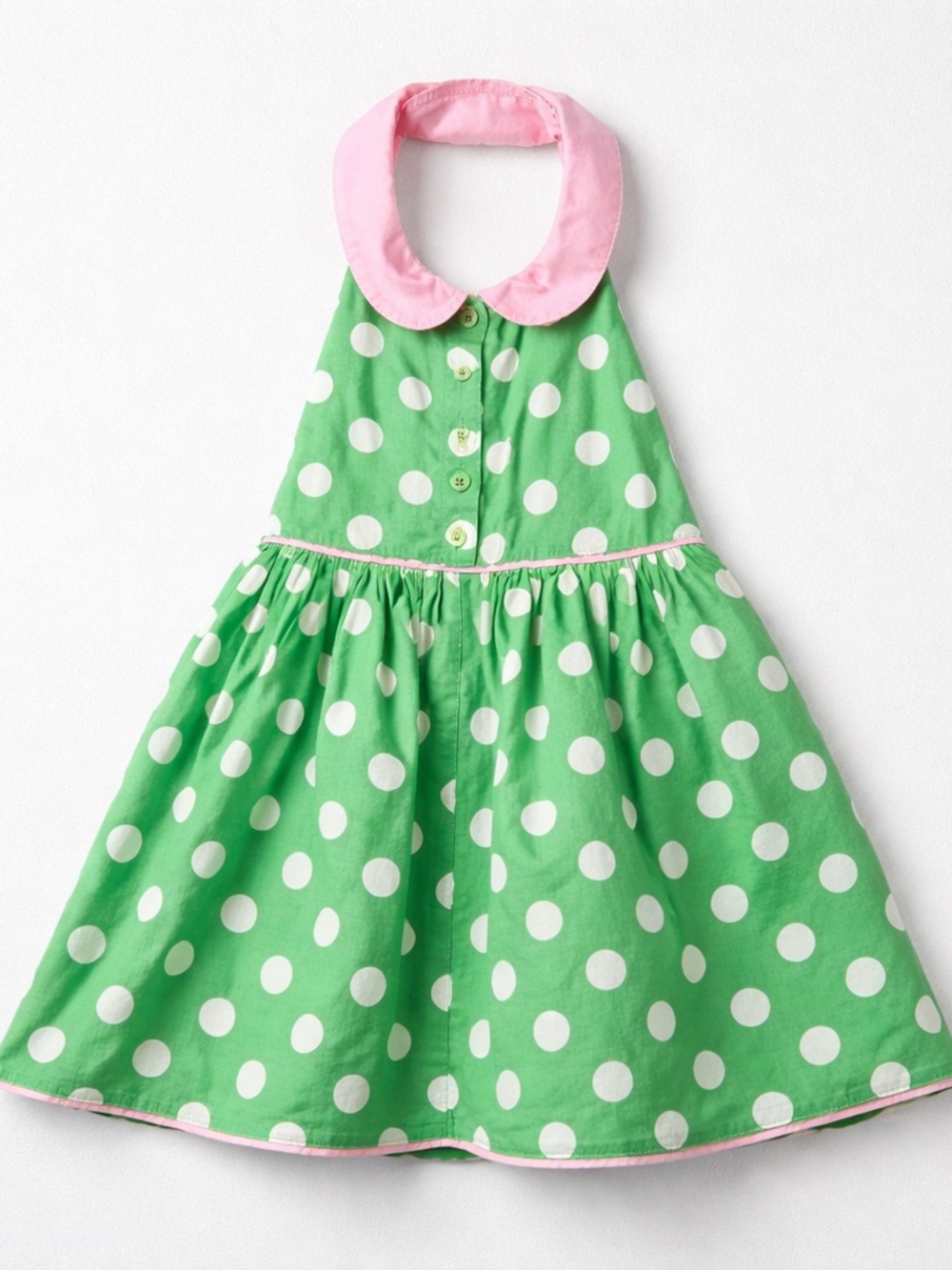 Mini Boden green and white polkadot smocked back halter dress Peter Pan collar
